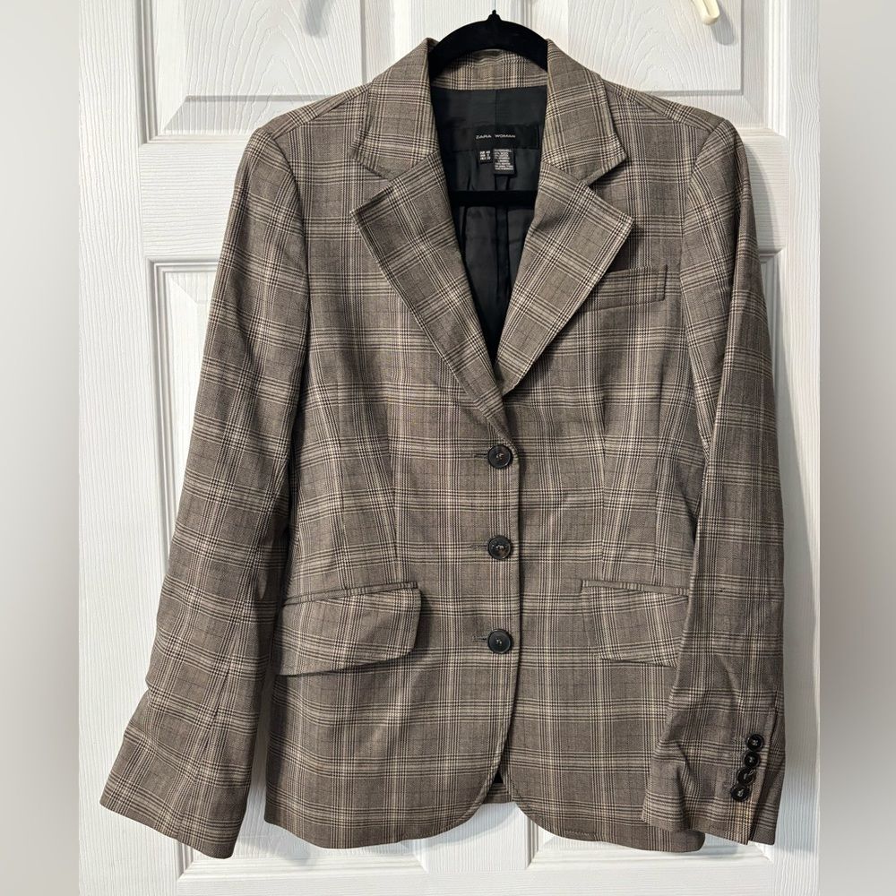 Zara Houndstooth Plaid Brown Tan Womens 8 Wool Blend Blazer Jacket Academia